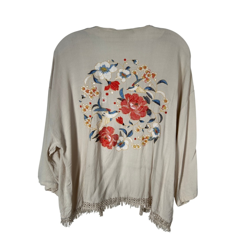 Cream Boho Embroidered Floral Bird Kimono Cardigan Beige Fringe Medium